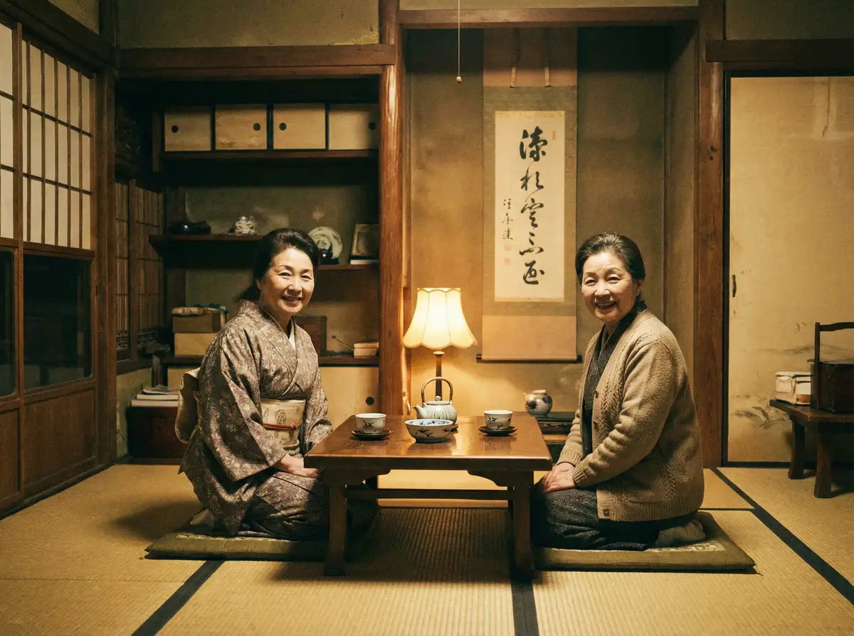 两位优雅的 烤肉爸爸 在日式茶室中品茶交谈